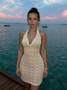 Women's Summer Halter Neck Backless Beach Cover-Up Dress, Suitable For Party And Vacation - Apricot - View 6