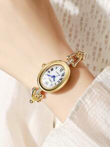 Women's Exquisite Oval Roman Numeral Bracelet Watch, U-Shaped Beaded Chain Rhinestone Inlaid Luxury Niche Quartz Watch, Gift For Best Friend (1pc/Set) Watch Box Not Included - Gold - View 7