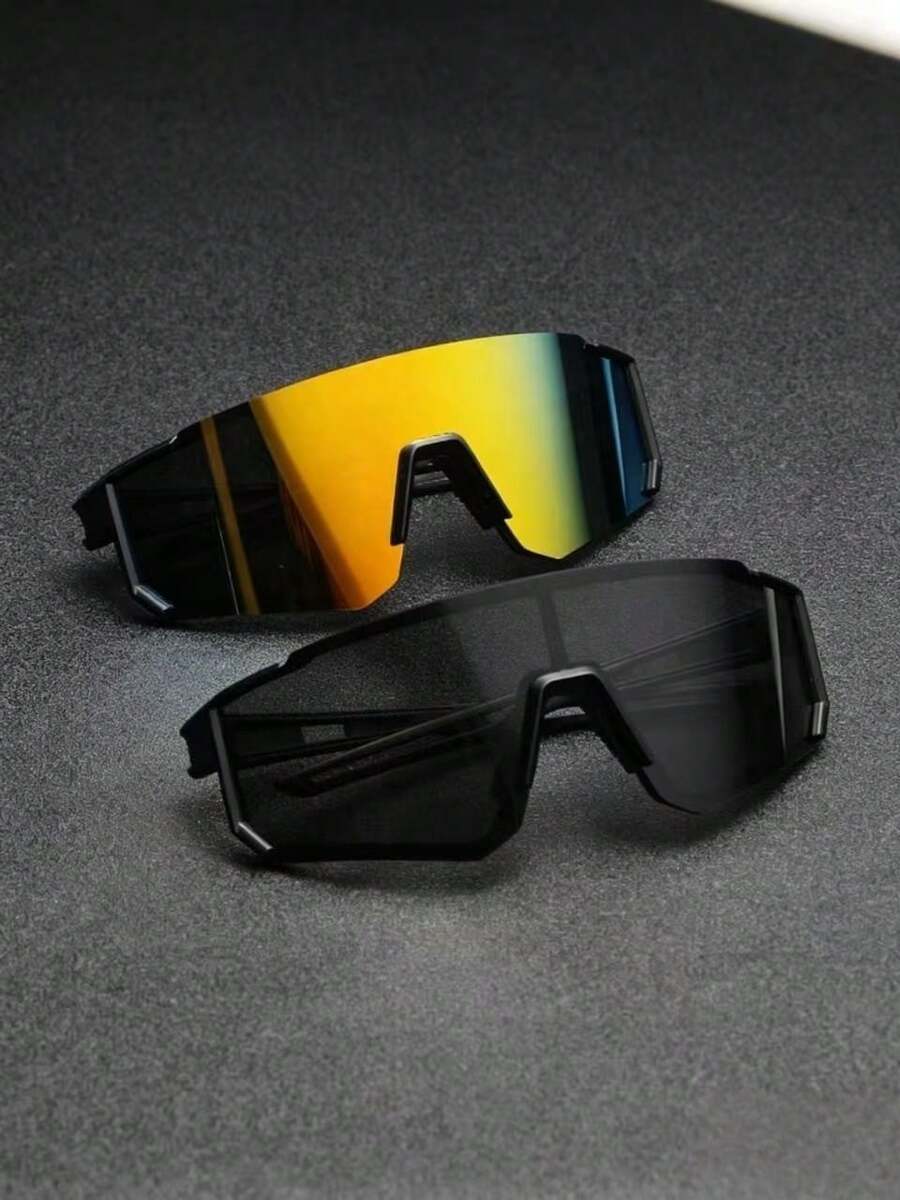 2pcs Men's Plastic Sports Cycling Wrap-Around Y2K Decorative Fashion Glasses Suitable For Daily Wear, Photography, Shopping, Cycling, Etc. - Black - View 1