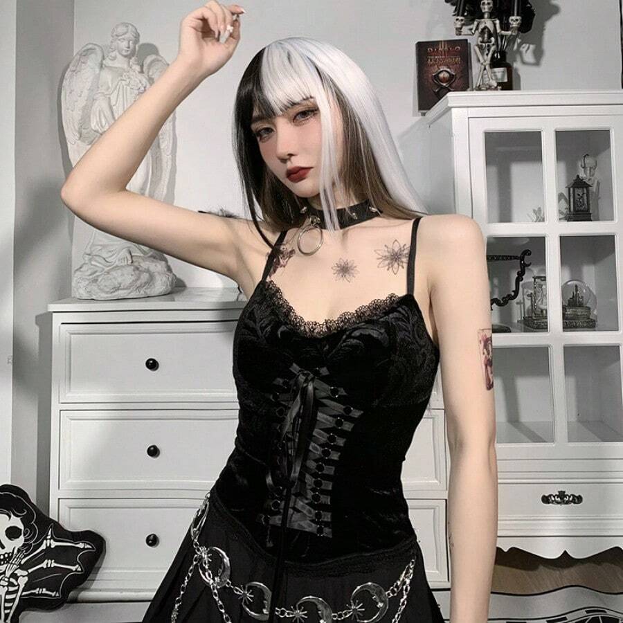 Top Vintage con Ribete de Encaje Gótico Oscuro para Mujer, Nuevo Estilo Gótico 2026, Camisola Sexy para Chicas Atractivas - Negro - Ver 1