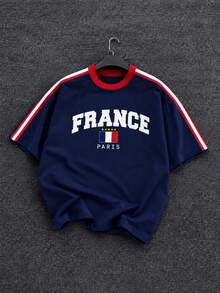 Fractyr 男款法國巴黎國旗印花拼色 T-Shirt，海軍藍與紅色圓領短袖條紋休閒上衣 - 藍色 - 查看 5
