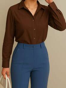 Women's Long-Sleeved Striped Shirt With Buttons, Loose Fit, In Premium Crepe Fabric, No Pockets, , Casual, Elegant - 鏽棕色 - 查看 2