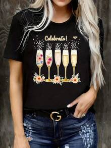 Camiseta estamp casual popular, unarte superior de manga corta elegante y versátil con cinco copas dors - Negro - Ver 2