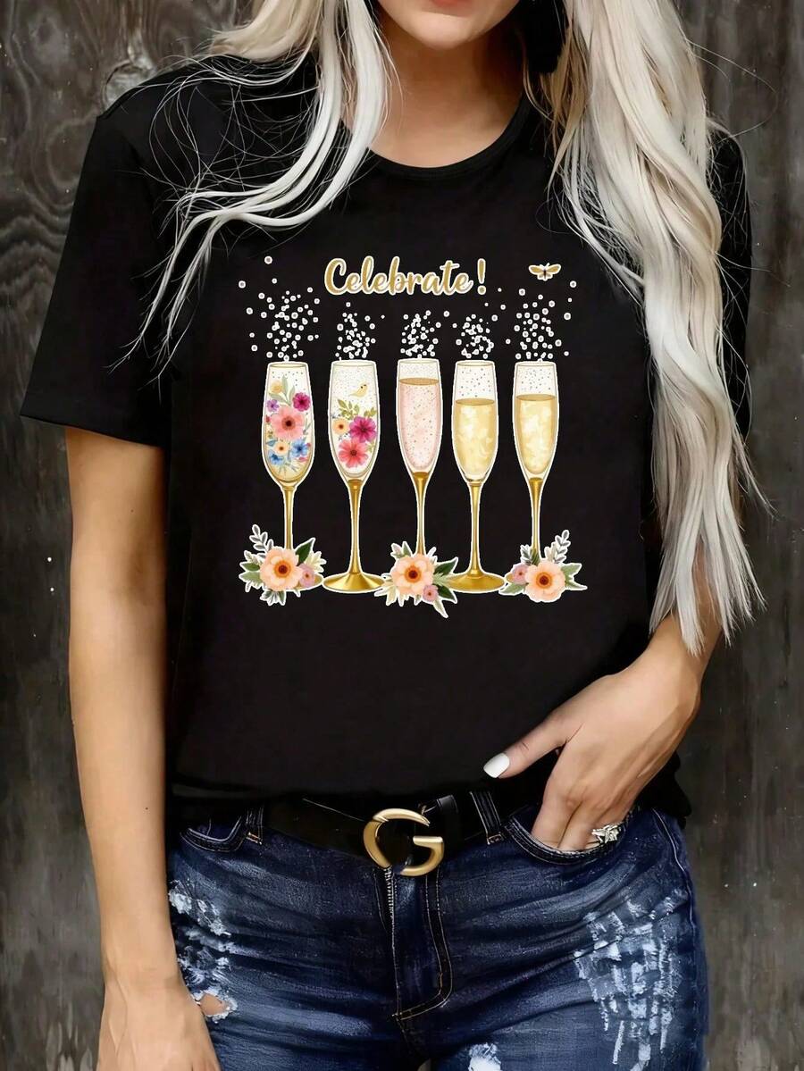 Camiseta estamp casual popular, unarte superior de manga corta elegante y versátil con cinco copas dors