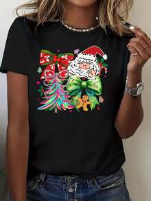 Camiseta navideña con estampado de Papá Noel, árbol de Navidad, hombre de jengibre y lazo, para uso casual en fiestas navideñas - 220g - Negro - Ver 2
