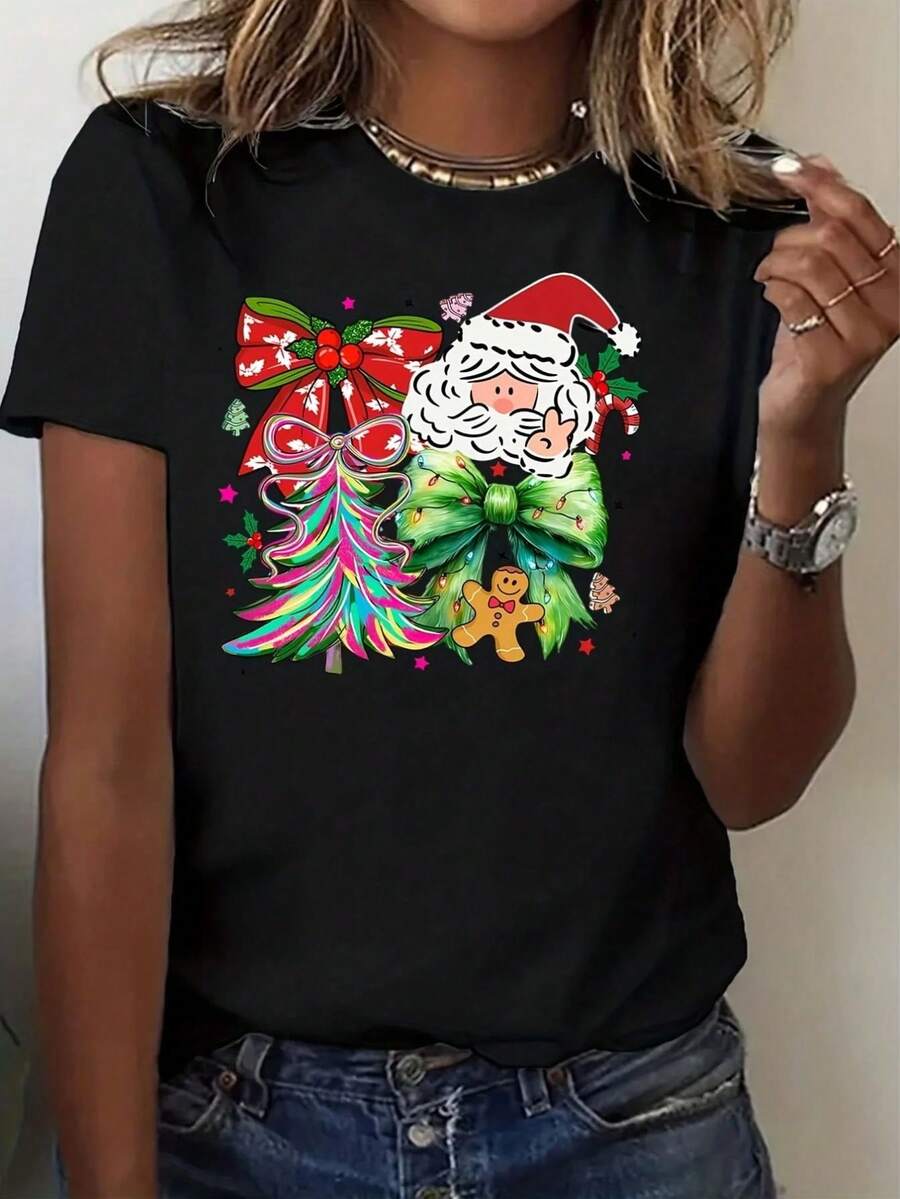 Camiseta navideña con estampado de Papá Noel, árbol de Navidad, hombre de jengibre y lazo, para uso casual en fiestas navideñas - 220g