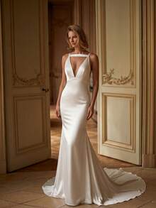 Basrey Elegant Knit Fabric Sleeveless Deep V-Neck Backless Zipper Detail Fitted Long Bridesmaid Dress Wedding White - White - View 1