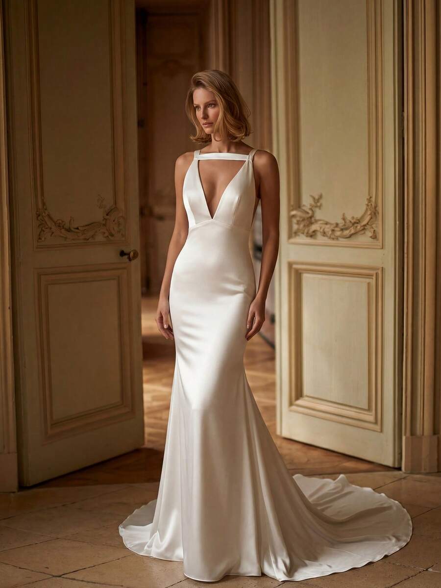 Basrey Elegant Knit Fabric Sleeveless Deep V-Neck Backless Zipper Detail Fitted Long Bridesmaid Dress Wedding White - White - View 1