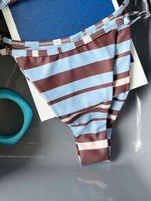 Spring/Summer Blue & Coffee Striped Halter Tie Sexy Beach Vacation Bikini Two-Piece Swimsuit Set - Multicolor - View 6