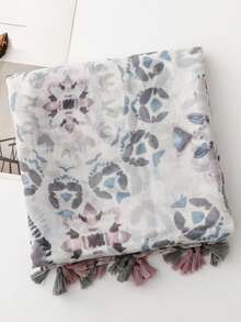 Floral Print Polyester Scarf Suitable For Vacation Wear - Light Grey - View 5