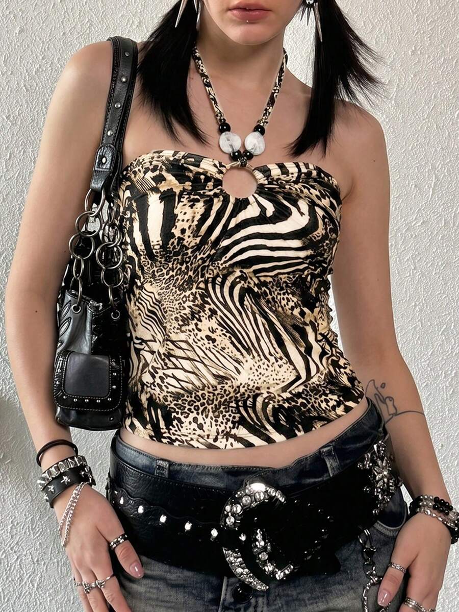 Y2K Vintage Beige & Schwarz Tier Muster Perlen & Ring Detail Schnürung Neckholder Top Lässig