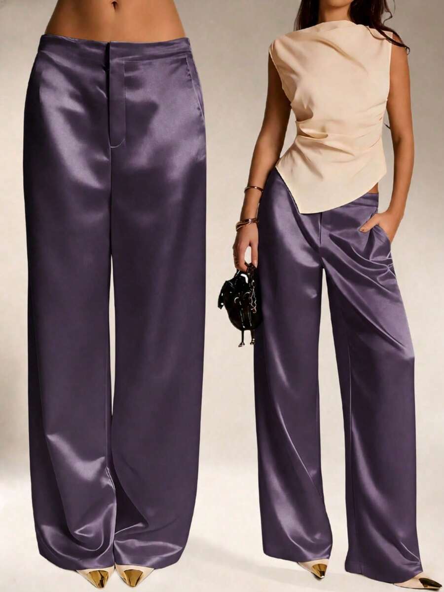 Pantalones de satén y seda de unicolor para mujer con bolsillos y cremallera, adecuados para vacaciones, oficina, brunch, atuendo de aeropuerto, todo el año Blanco Primavera - Morado - Ver 1