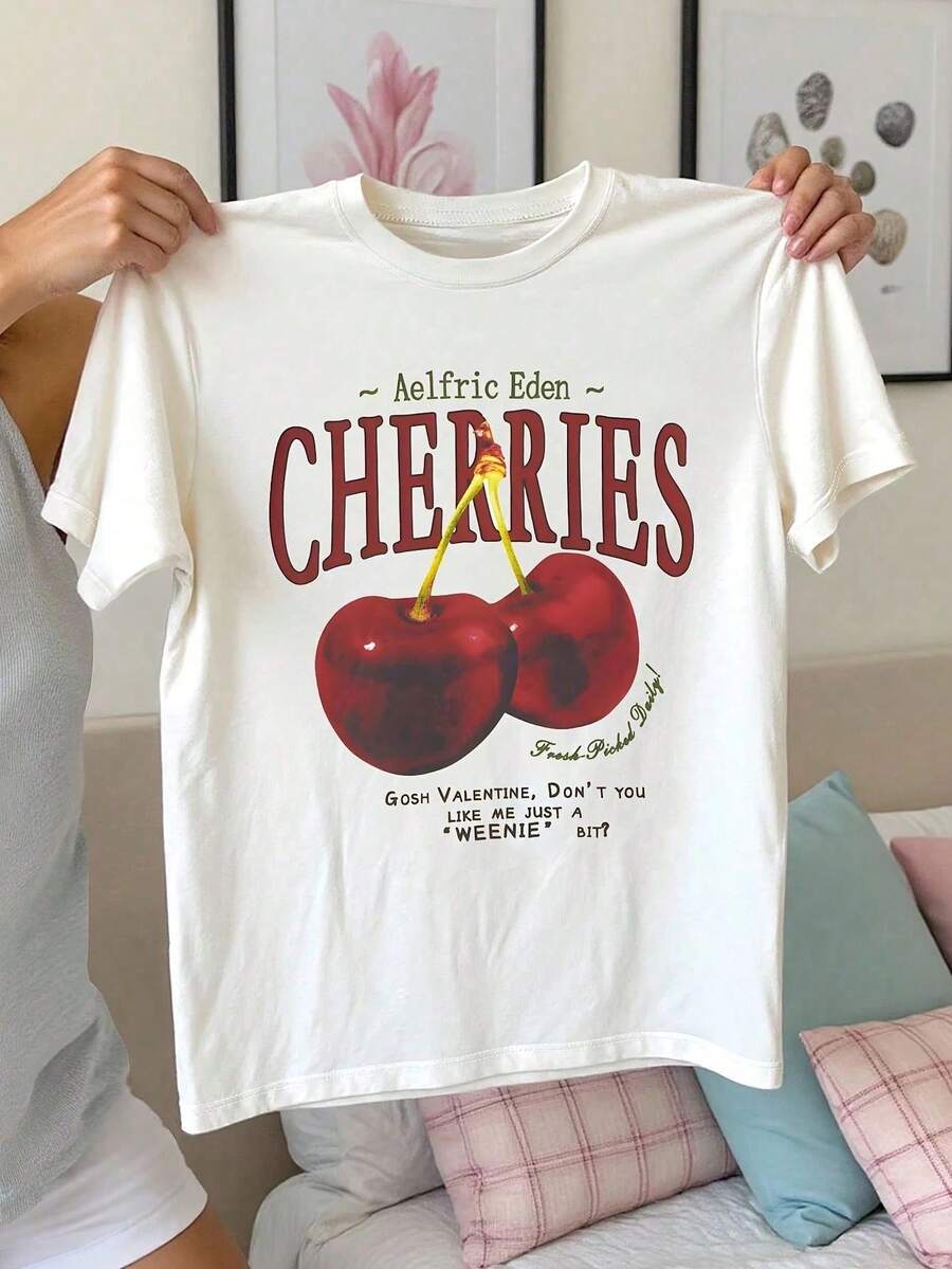 Women's Vintage Cherry Print T-Shirt - Casual Round Neck Blouse With Cute Fruit, Retro Top For Casual Wear And Picnics - Comfortable Summer Cherry Motif T-Shirt - 白色 - 查看 1