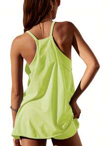 Women's Sleeveless Summer Mini Dress, Spaghetti Strap Style, Short Dress With Pockets - Green - View 2
