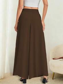 Women's Wide Leg Pants, Elastic Waist With Drawstring, Lightweight Loose Casual Trousers With Pockets - 咖啡 - 查看 5