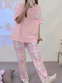 Conjunto de camiseta de manga corta y pantalones largos de verano para adolescentes, cuello redondo, estampado de conejo de dibujos animados - Rosa - Ver 4