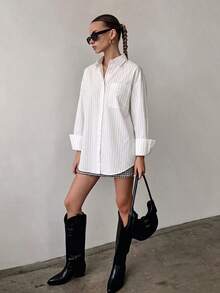 QIANZHIDU Elva Women's Autumn Commute Loose Drop Shoulder Lapel Long Sleeve Shirt, Suitable For Party, Street Style, Outing, Office - White - View 6