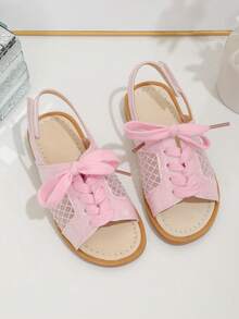 1 par de sandalias de malla con diamantes de imitación en forma de rombo para niños en verano, sandalias tipo princesa con polvo dorado brillante, talón con cierre de gancho y bucle, diseño exquisito y versátil con cordones, adecuadas para viajes y atuendos diarios - Rosa - Ver 3