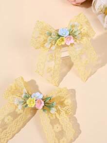 2pcs Yellow Floral Embroidered Lace Hair Clips, Exquisite Embroidered Daisy Hair Clips, Sweet Forest Style Teen Hair Accessories, Spring/Summer - Yellow - View 4