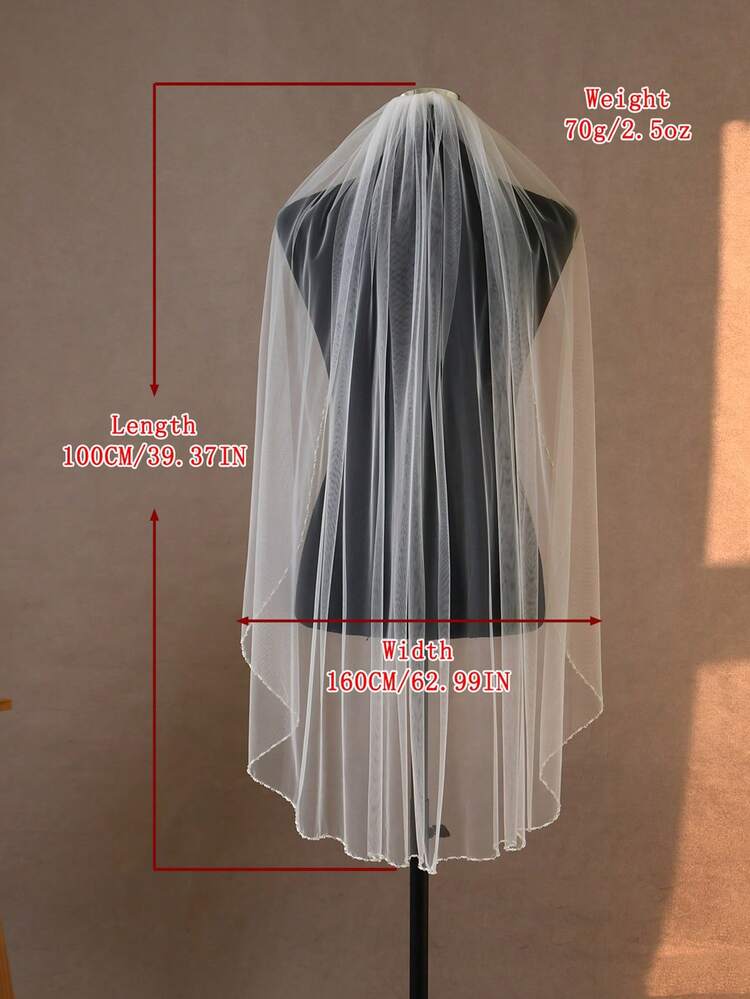 1pc Handmade Crystal Beaded Edge Bridal Veil With Comb, For Wedding, Party, Photography, Cathedral And Fingertip Length. - Beige - View 13