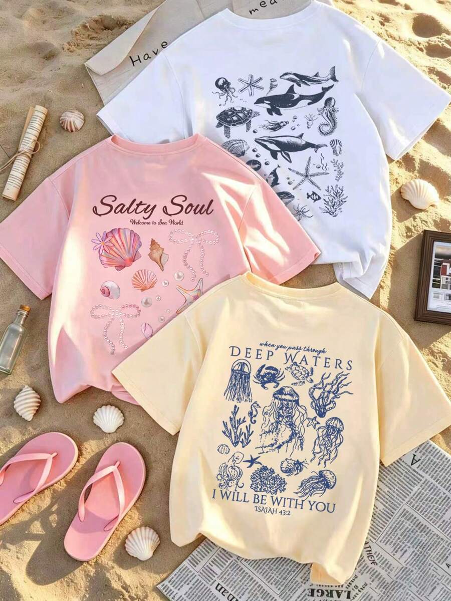 3pcs Women's New Casual Cute Pattern Loose Versatile Round Neck Short Sleeve T-Shirt, Fashionable Daily Vacation Wear Summer - Multicolor - View 1