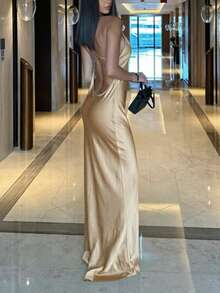 DOUCIU French Style Solid Color Backless Sexy Halter Neck Maxi Dress Beach Vacation - Khaki - View 4