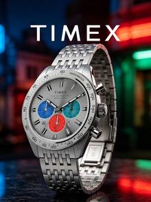 Timex Men's Vintage Chronograph Quartz Watch Multicolor Subdial Tachymeter Bezel Stainless Steel Link Bracelet Racing Style Watch for Gathering Gift for Him - 銀色 - 查看 5