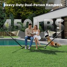 Robuste Doppel-Hängematte mit Stahlgestell – Tragbare Outdoor Hängematte für 2 Personen – Inkl. weichem Kissen, Balance-Seile, hohe Belastbarkeit, für Garten, Terrasse, Balkon oder Strand - Dunkelgrau - Übersicht 4