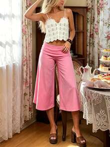 Fold Over Wide Leg Capri Pants For Women Low Rise Lounge Yoga Flare Culottes Y2k Flowy Crop Palazzo Pants - 玫紅色 - 查看 4