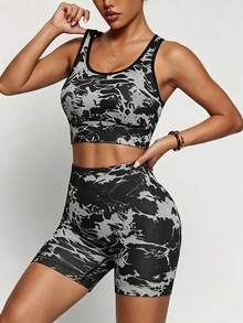 Women's Yoga Set, Racerback Sports Bra And High-Waisted Butt-Lifting Fitness Shorts, 2 Pieces Running Training Set With Chest Padding - Grey - View 5