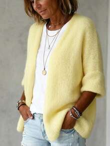 Women's Loose Knit Cardigan, Buttonless Open Front Casual Versatile Knit Sweater Outerwear, Autumn/Winter - Yellow - View 3