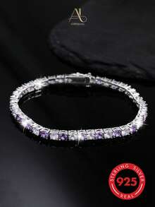 1 Peça Pulseira de Corrente de Tênis Geométrica Quadrada de Zircônia Cúbica de Prata Esterlina 925 Minimalista para Mulheres, Versátil para Uso Diário, Presente, Festa, Férias, Dia dos Namorados - Roxo - Visão 2