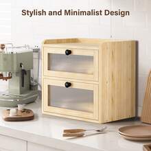 Bread Bin Wooden Bread Storage Box For Kitchen, Countertop Double Decker Bread Box Keep Bread Storage Fresh With Clear Acrylic Windows (Wood) - A - View 10