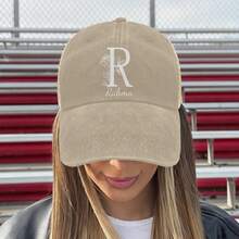 Custom Floral Rose A-Z Initial & Personalized Name Mesh Back Trucker Hat, Adjustable Breathable Vintage Trucker Cap, Multi-Occasion Gift For Father's Day Birthday Holiday For Men Women - Khaki - View 2