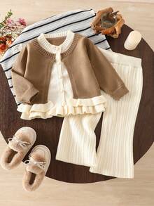 WUHUANG YIYI 2pcs/Set Girls Cute 2-In-1 Hem Design Two-Tone Sweater Cardigan And Loose Pants Set, Casual Outfit For Autumn/Winter - Coffee Brown - View 13