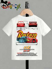 Cars Lightning McQueen Rusteze Blueprint Spec Front Back Dual Print Kids White Short Sleeve Disney Boys Casual Tee - 白色 - 查看 3