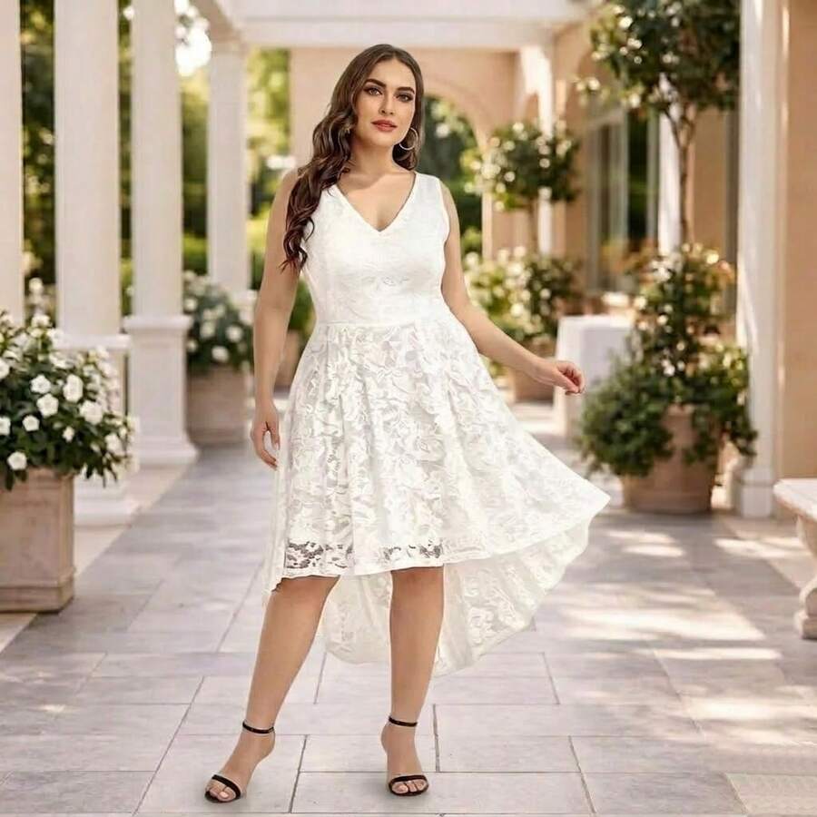 Vestido Plus Size Noiva Branco Festa 92 Renda Civil branco Casamento - Branco - Visão 1
