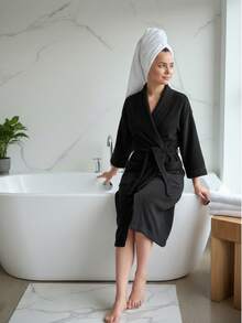 UNISEX BATHROBE, WIDE AND LONG, EXCELLENT ABSORPTION, MICRO-TOWEL FABRIC (COTTON WITH MICROFIBER) - Black - View 5