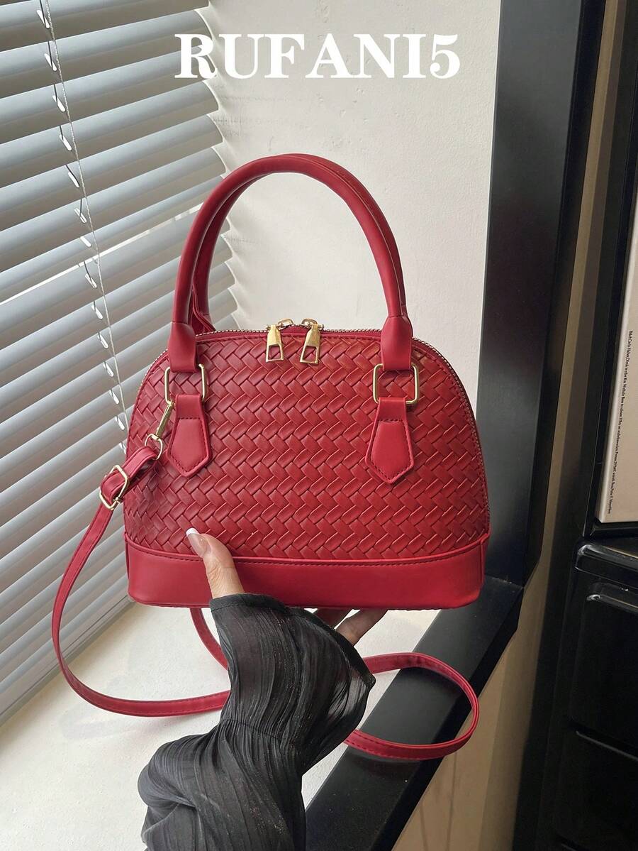 Fashion Solid Color Embossed Handbag - Red - View 1