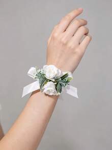 1pc/2Pcs White Frosted Greenery Rose Boutonniere & Pearl Beaded Wrist Corsage Set, Wedding Groomsman Bridesmaid Formal Prom Suit Accessories - Multicolor - View 8