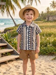 2pcs/Set Boys Casual Vintage Geometric Print Short Sleeve Collared Shirt And Shorts Set, Summer Beach Vacation - Brown - View 3