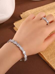 rakol 2pcs Fashion Cubic Zirconia Asymmetrical Square Decor Silver Open Ring & Bracelet Set - Silver - View 3