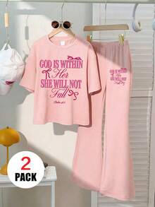 2pcs/Set Girls Casual Outfit, Bow & Slogan Graphic Loose T-Shirt + Flare Pants Set, Comfortable & Soft, Suitable For Summer Shopping - Pink - View 1