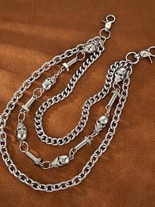 1pc Fashionable 3-Layer Heavy Texture Thick Chain Metal Pants Chain Men's Halloween Accessory Skull - White K - View 1