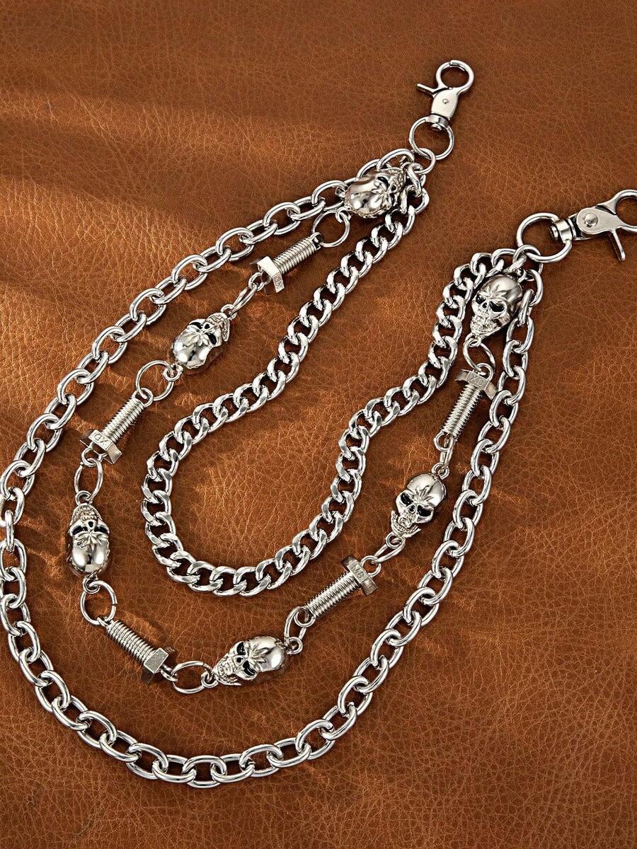 1pc Fashionable 3-Layer Heavy Texture Thick Chain Metal Pants Chain Men's Halloween Accessory Skull - White K - View 1