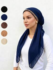 1PC Women's Solid Color Rhinestone Decorated Triangle Slip-On Headscarf Hat Scarf, Soft And Comfortable Instant Headscarf, Fashionable Minimalist Slip-On Headscarf, Suitable For Daily Use All Seasons - Multi-color Rhinestone Convenient Headscarf - View 3