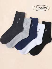 5 Pares de Meias Casuais de Negócios Masculinas Clássicas Preto Branco Cinza Azul Marinho Cor Sólida Respirável Meias Macias Elásticas de Meia Panturrilha Para Todas as Estações - Multicolorido - Visão 6