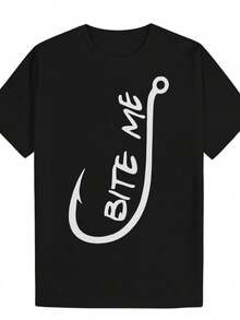 Camiseta de hombre con diseño de anzuelo de pesca BITE ME, corte regular, cuello redondo, camiseta divertida de tela duradera, camiseta de algodón transpirable, mangas cortas ligeramente e - Negro - Ver 2