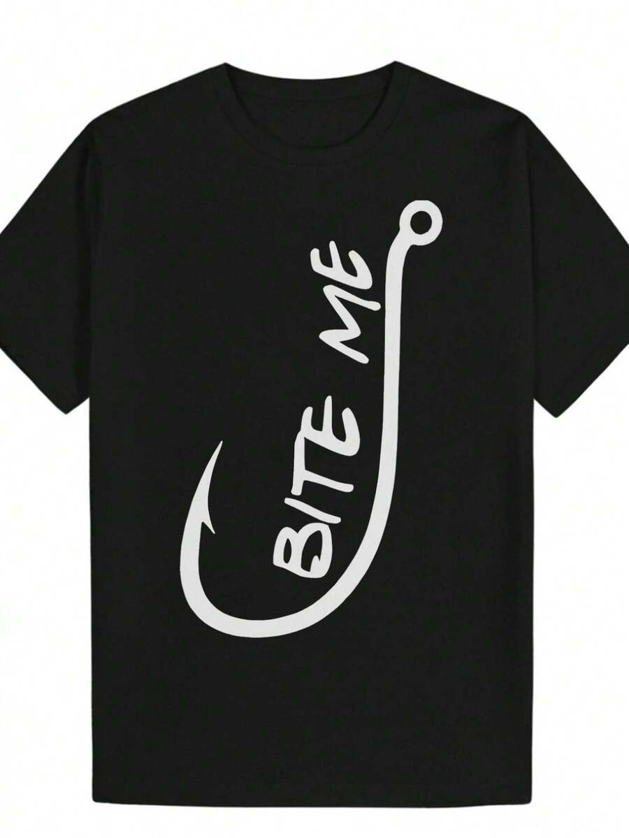 Camiseta de hombre con diseño de anzuelo de pesca BITE ME, corte regular, cuello redondo, camiseta divertida de tela duradera, camiseta de algodón transpirable, mangas cortas ligeramente e