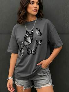Women's Summer T-Shirt With Black And White Butterfly Print, Loose Fit, Round Neck, Short Sleeves, Casual Top For Everyday Wear - 深灰色 - 查看 2
